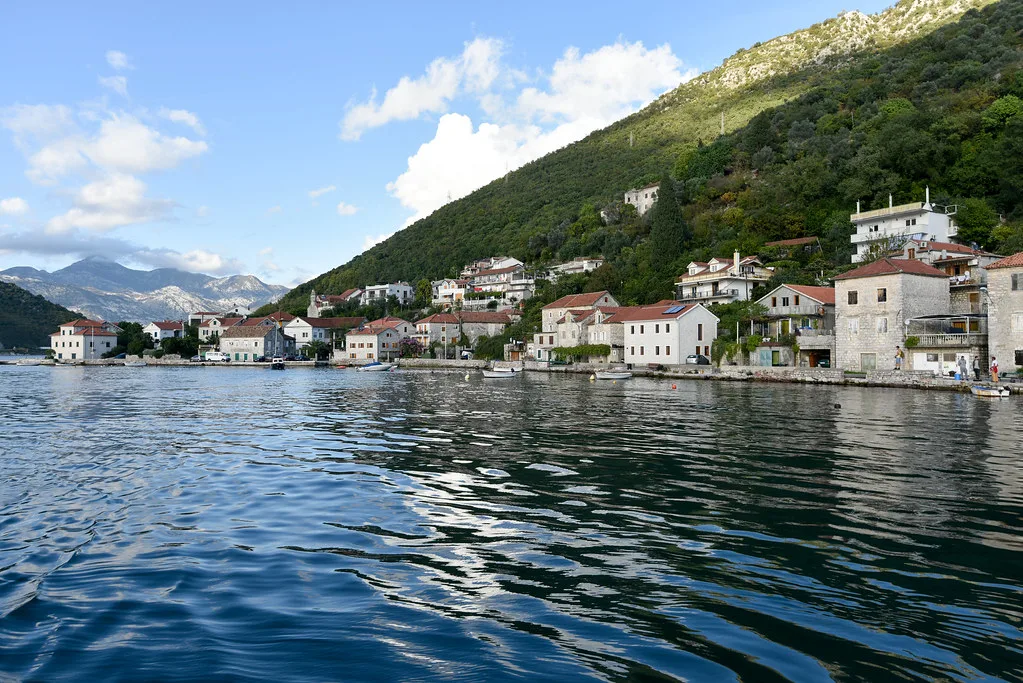 Perast seen from a boat on the Bay of Kotor.