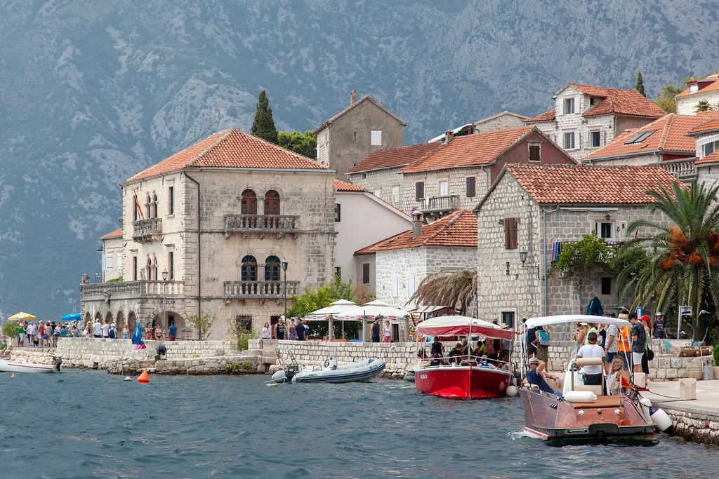 Stone houses along the waterfront in Perast.