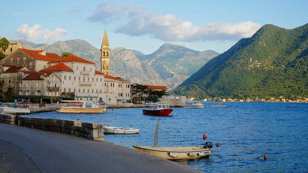 Perast's waterfront and church bell tower on the Bay of Kotor.