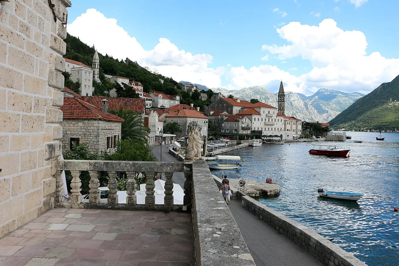 View along the Perast waterfront from the terrace of the Bujović Palace, home of the Perast Museum.