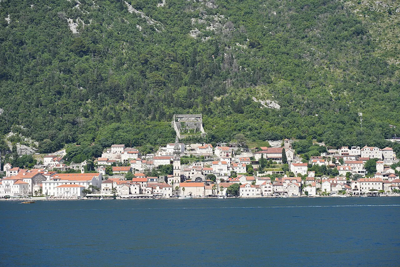 Perast seen from across the Bay of Kotor.