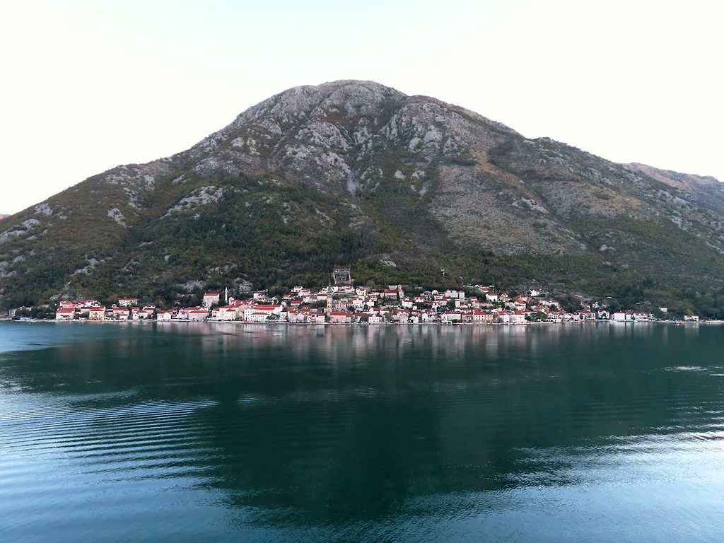 Perast strung along the shore of the Bay of Kotor.