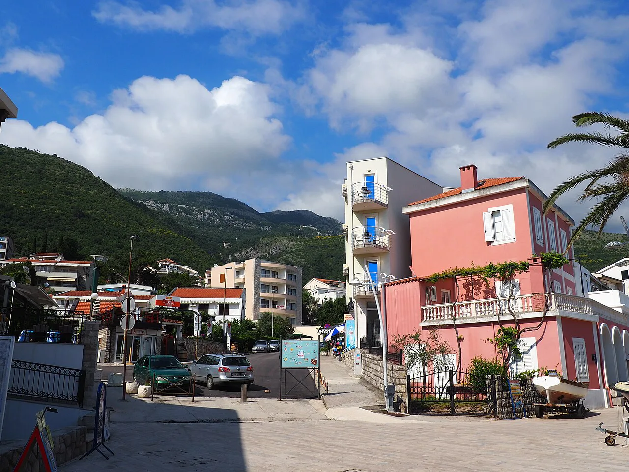 A street with parked cars and houses in Petrovac.