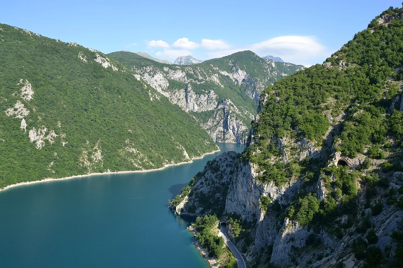 Piva Lake winding between the steep walls of the Piva canyon.