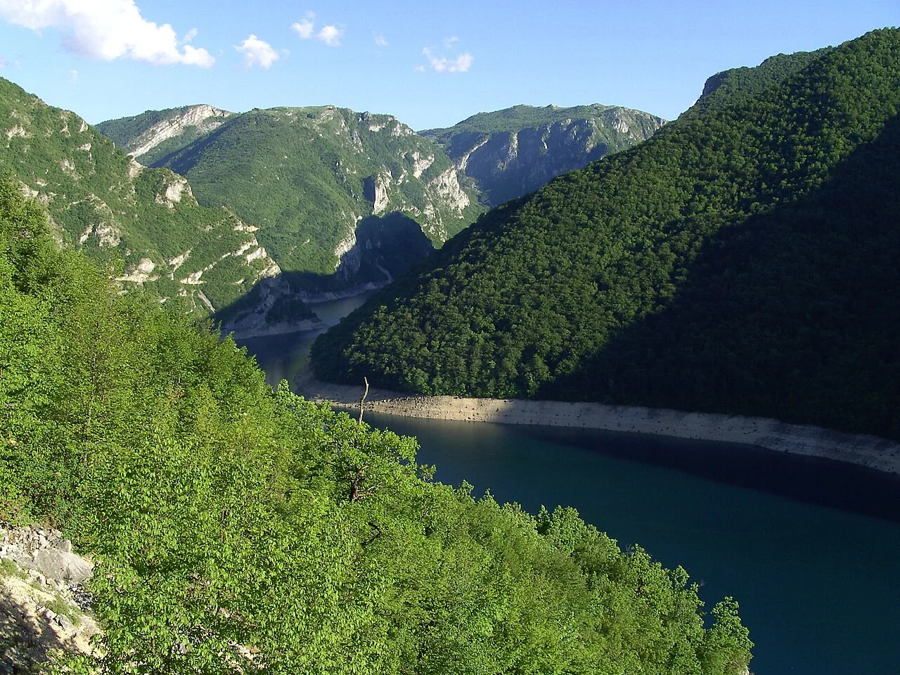Wooded slopes dropping to the Piva reservoir in the Piva canyon.