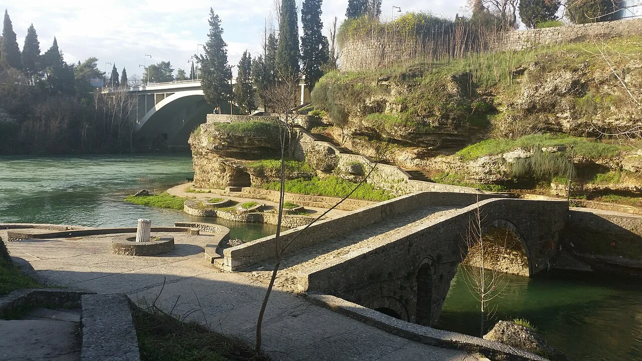 The old stone bridge over the Ribnica river in Podgorica's Old Town.