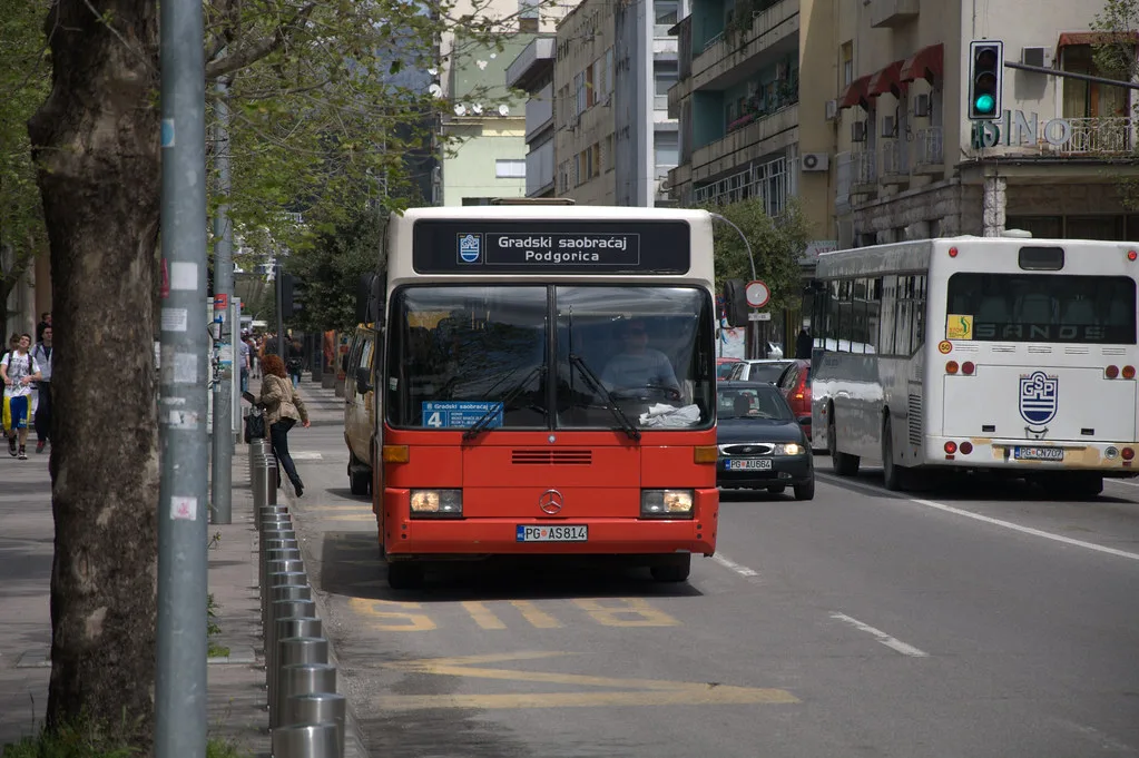 A city bus on a street in central Podgorica.