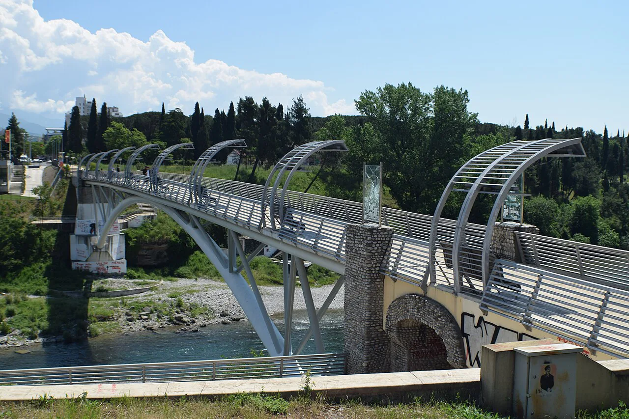 The Moscow Bridge footbridge over the Morača river in central Podgorica.