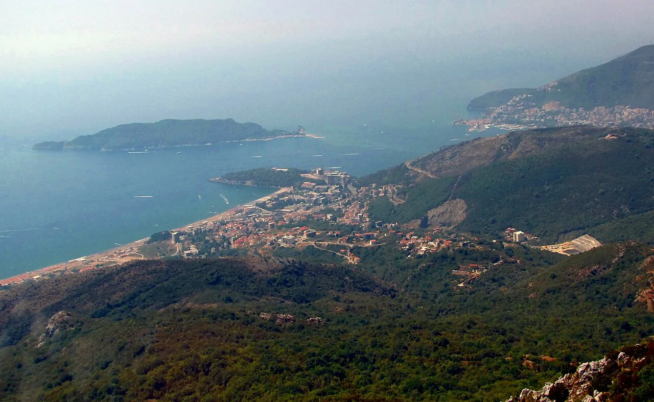 Budva and Bečići seen from the hills above the Budva Riviera.