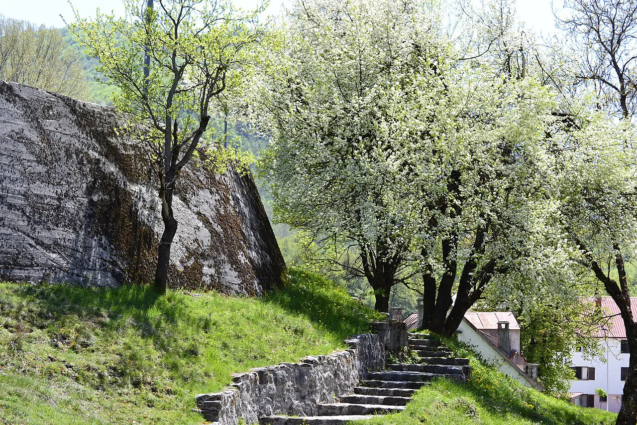 Blossoming trees and stone steps in Šavnik.