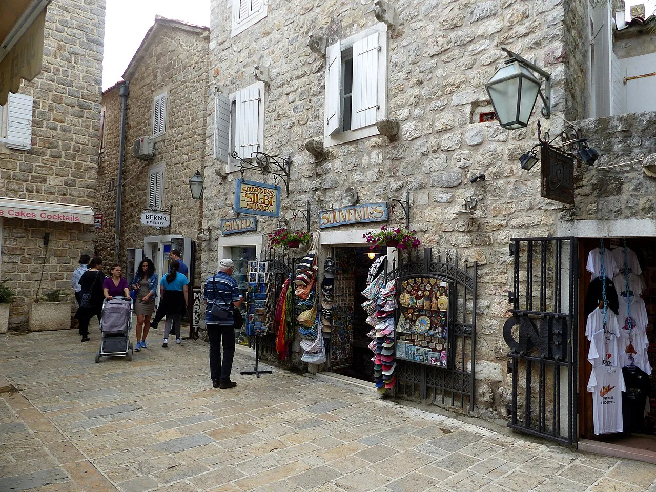 Souvenir shops along a lane in Budva Old Town.