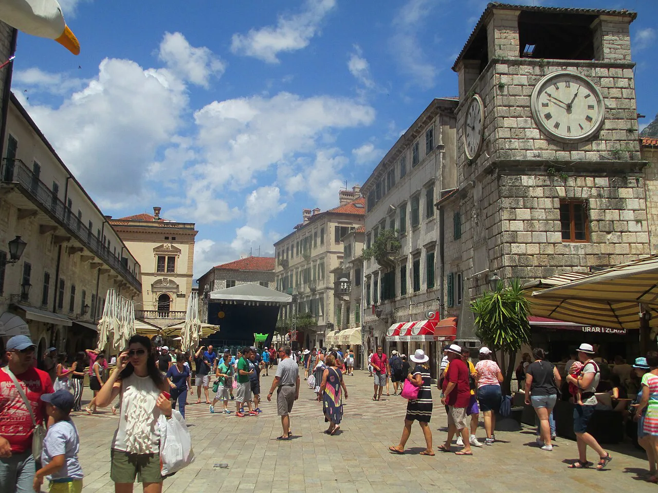 The Square of the Arms and the clock tower in Kotor.