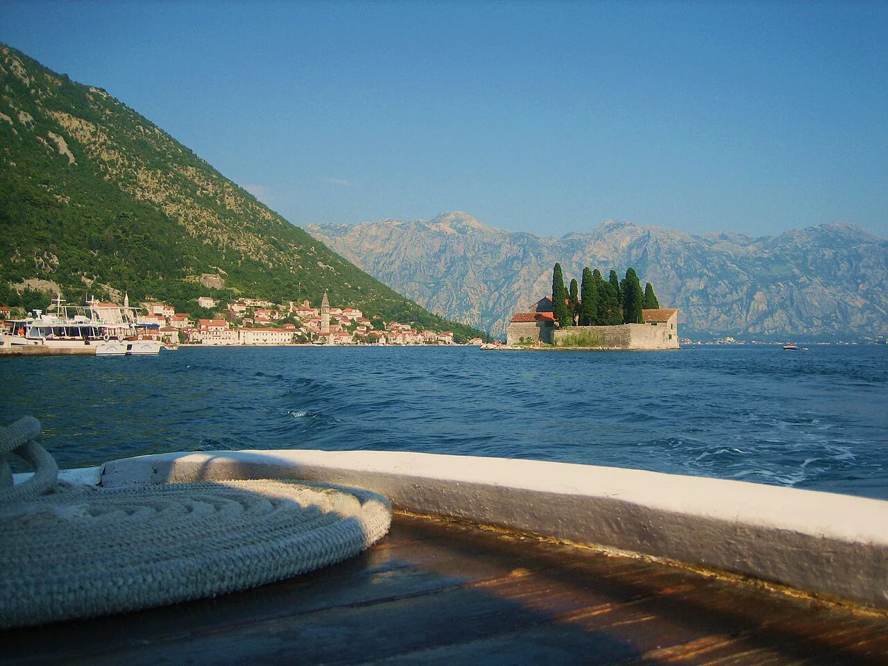 St George island off Perast, seen from a boat.