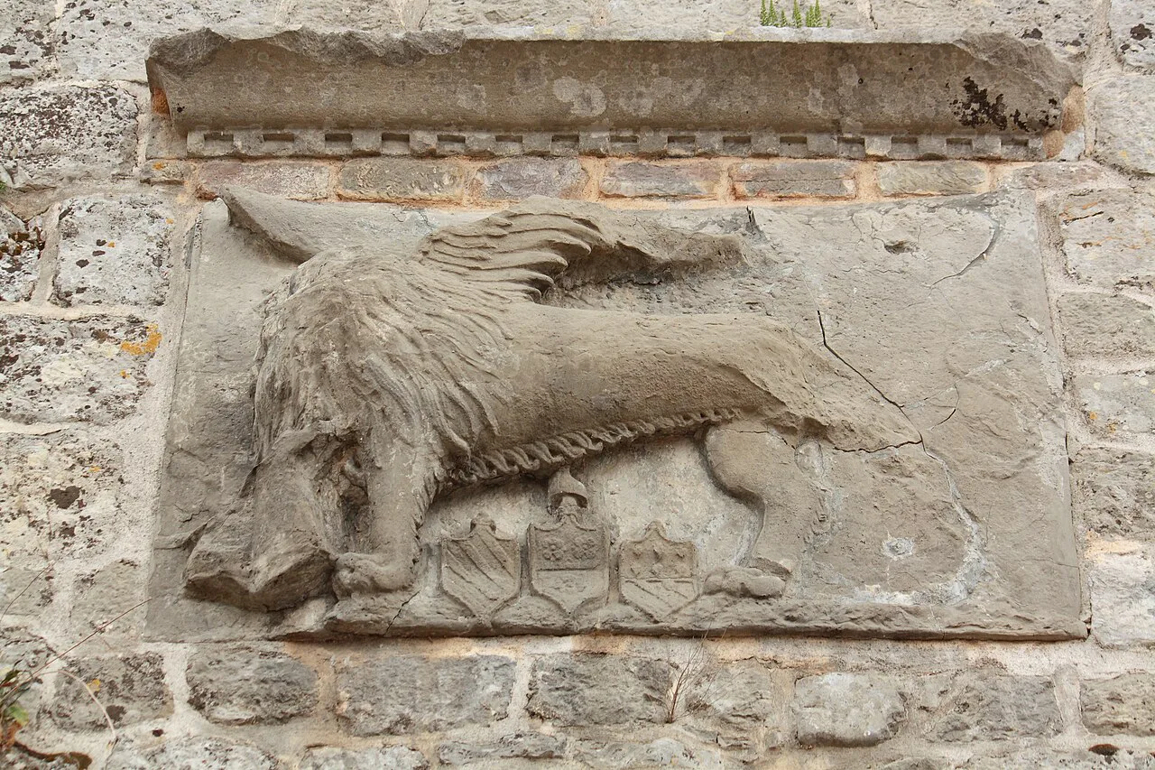 A carved stone relief of a winged lion at Stari Bar.