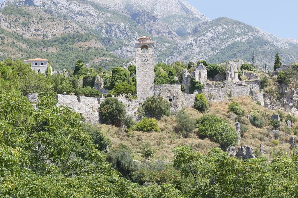 The ruined walls and clock tower of Stari Bar.