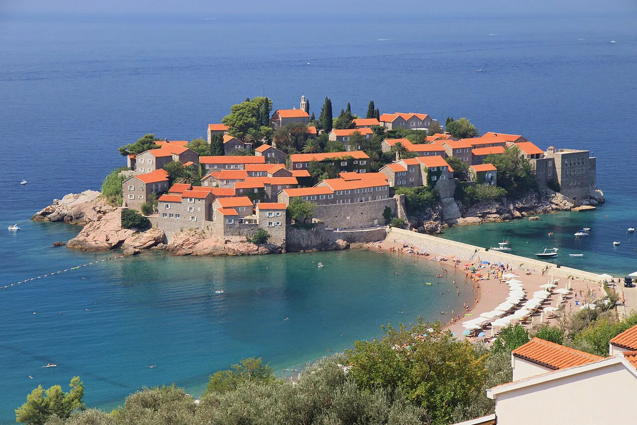 Sveti Stefan and its beaches seen from above.