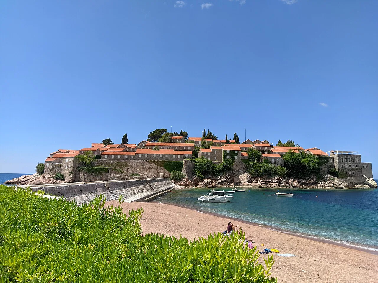 Sveti Stefan island and the neighbouring beach.