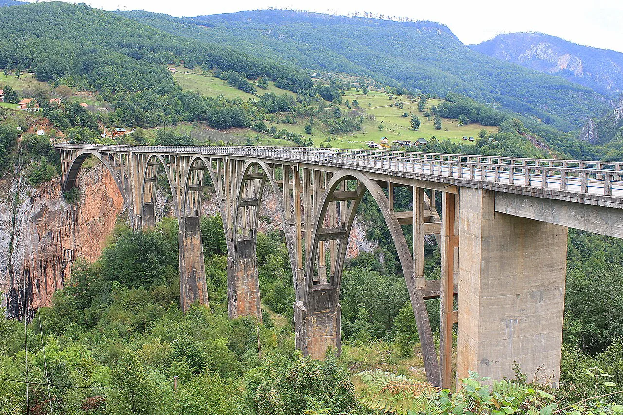 The arches of the Đurđevića Tara Bridge spanning the forested Tara Canyon.
