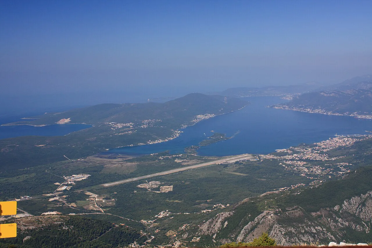 Tivat and its airport on the Bay of Kotor, seen from Lovćen National Park.