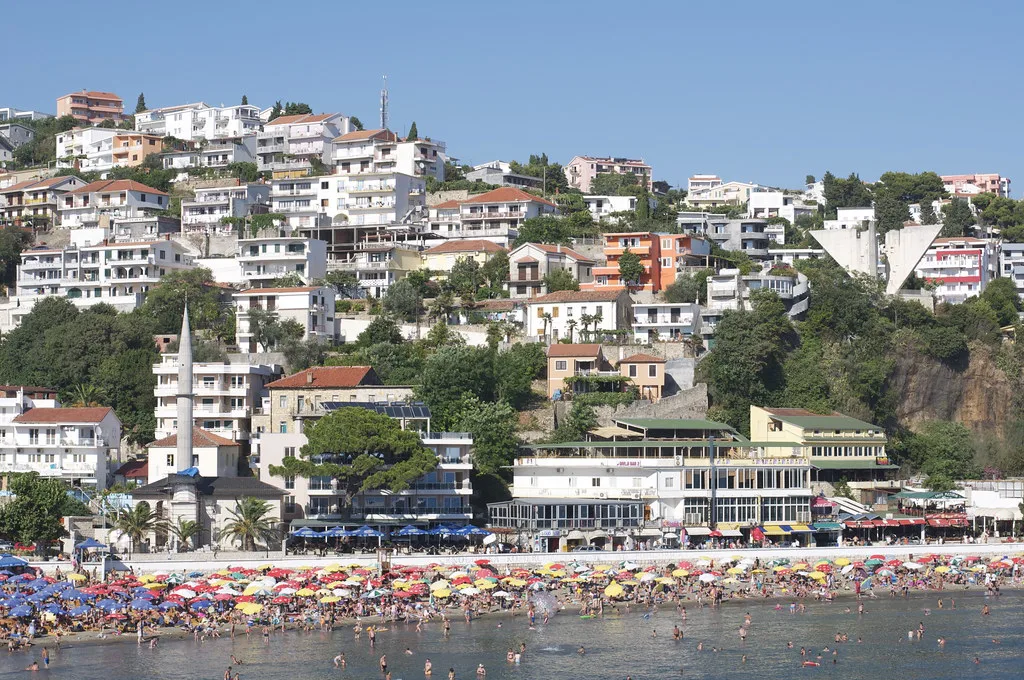 Hillside houses above the town beach in Ulcinj.