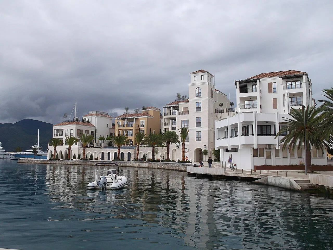 Waterfront buildings beside the marina in Tivat.