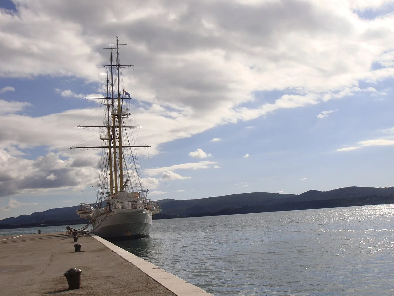 A tall ship moored on the waterfront in Tivat.