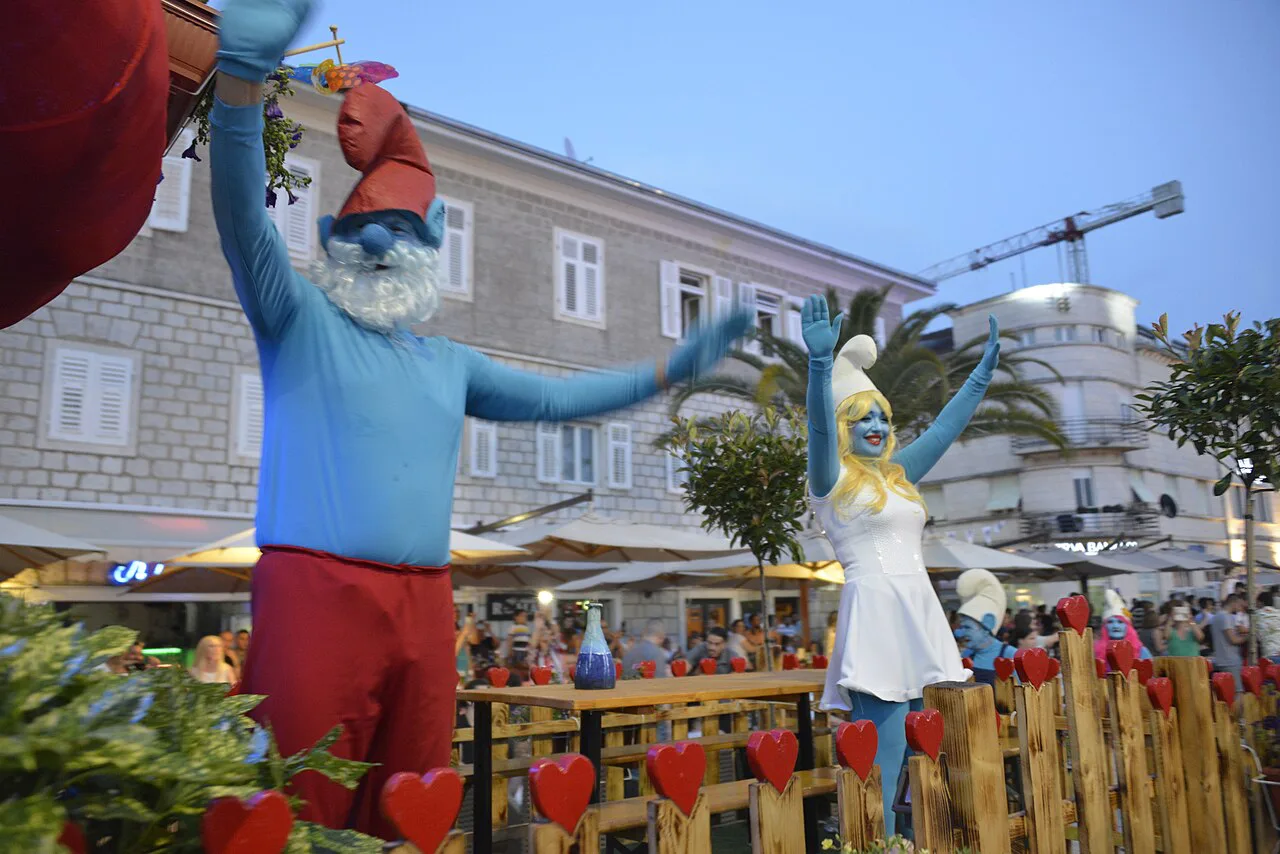 Carnival figures on a street in Tivat during the 2019 carnival.